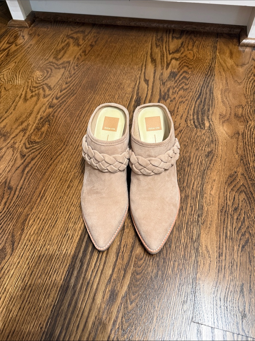 Dolce Vita Braided Suede Pointed Toe Mules in Taupe